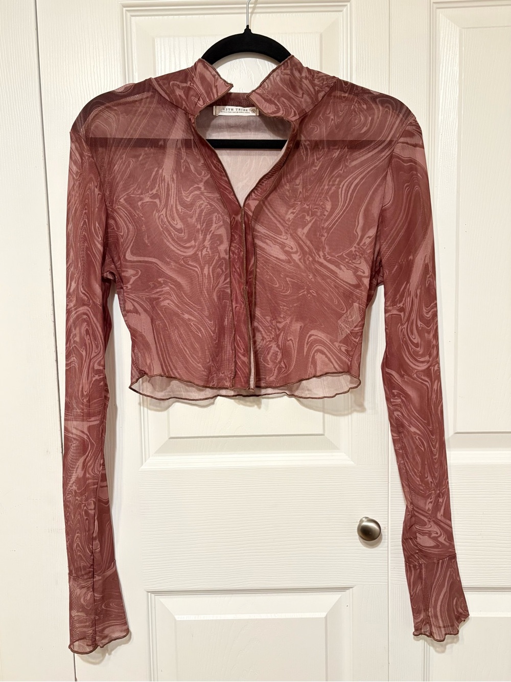 12th Tribe Brown Swirl Mesh Sexy Crop Top Sheer See Through Boho Size Large